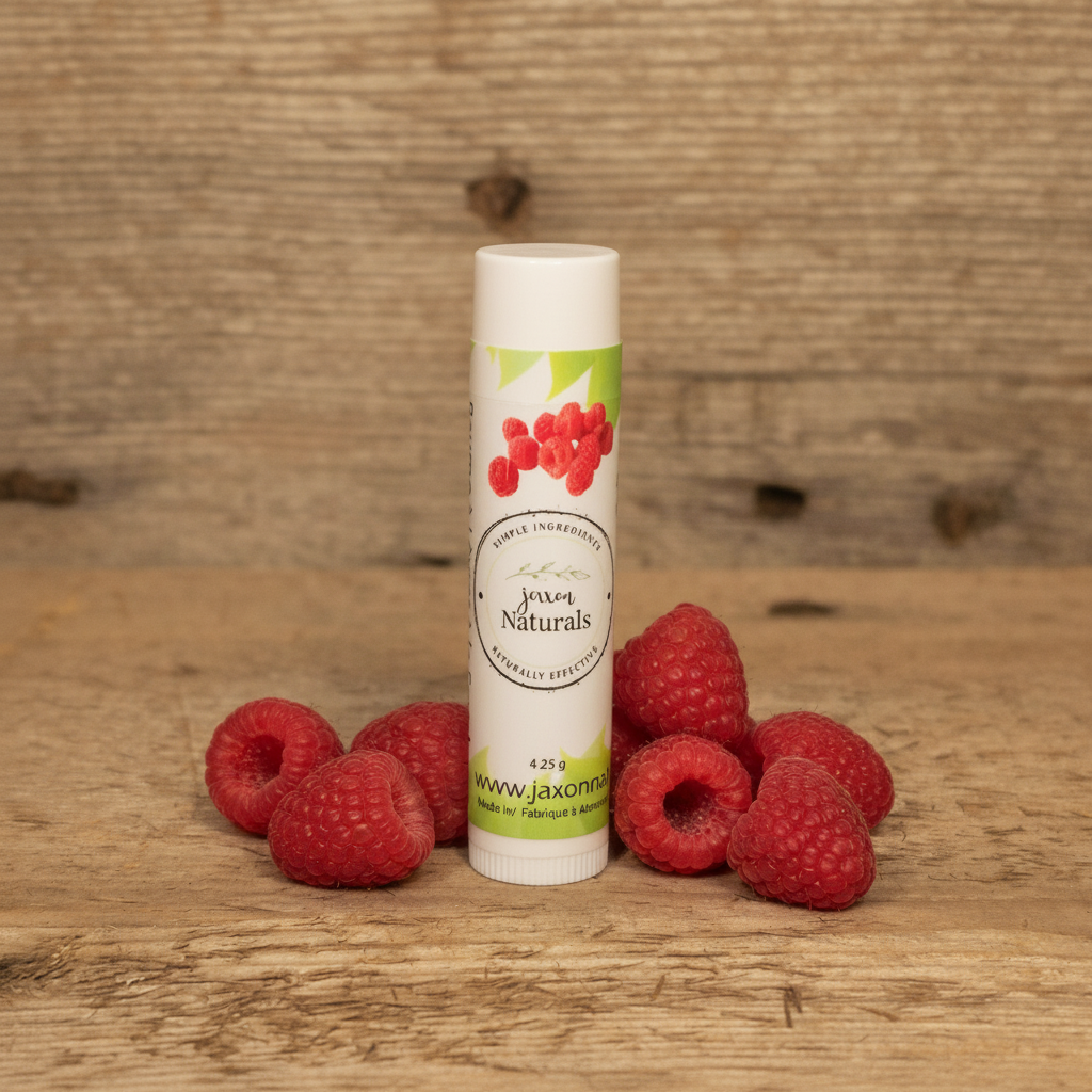 Jaxon Naturals Raspberry Lip Balm in a recyclable tube, handcrafted with natural ingredients and displayed on rustic barn wood with fresh raspberries.