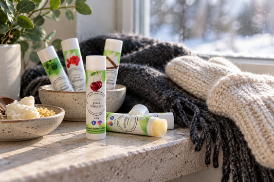 Jaxon Naturals lip balm tubes arranged on a stone windowsill beside a warm knitted scarf, with soft winter light in the background.