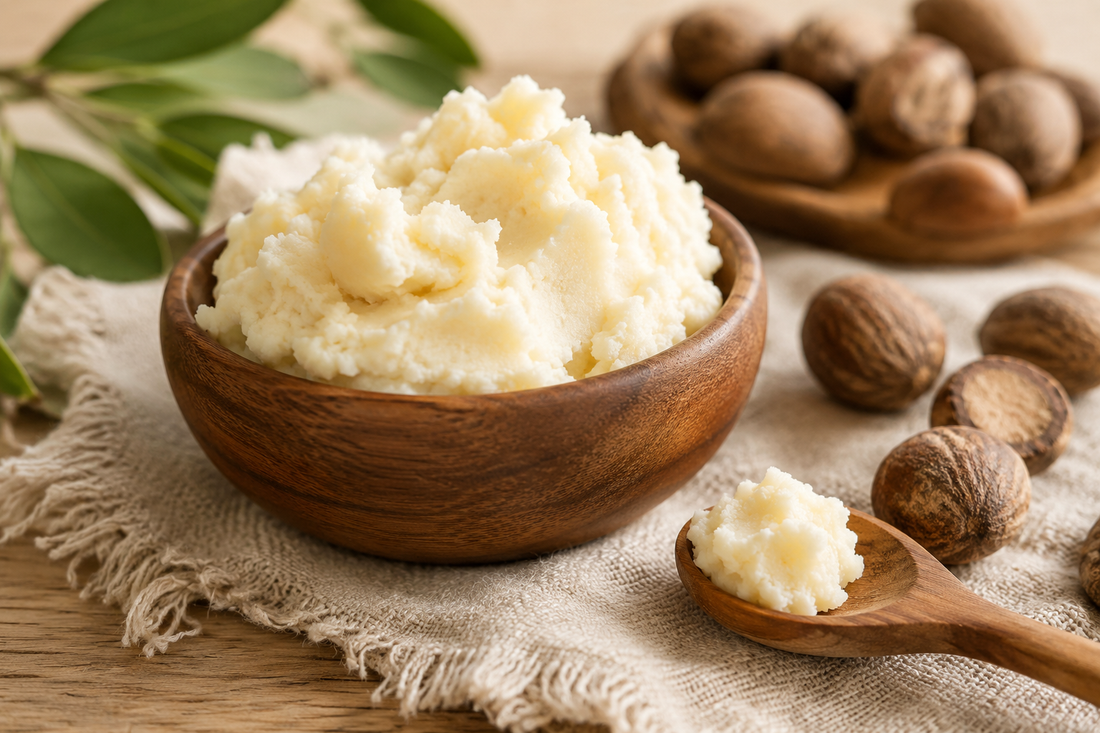 Raw shea butter and shea nuts for a natural skincare ingredient spotlight