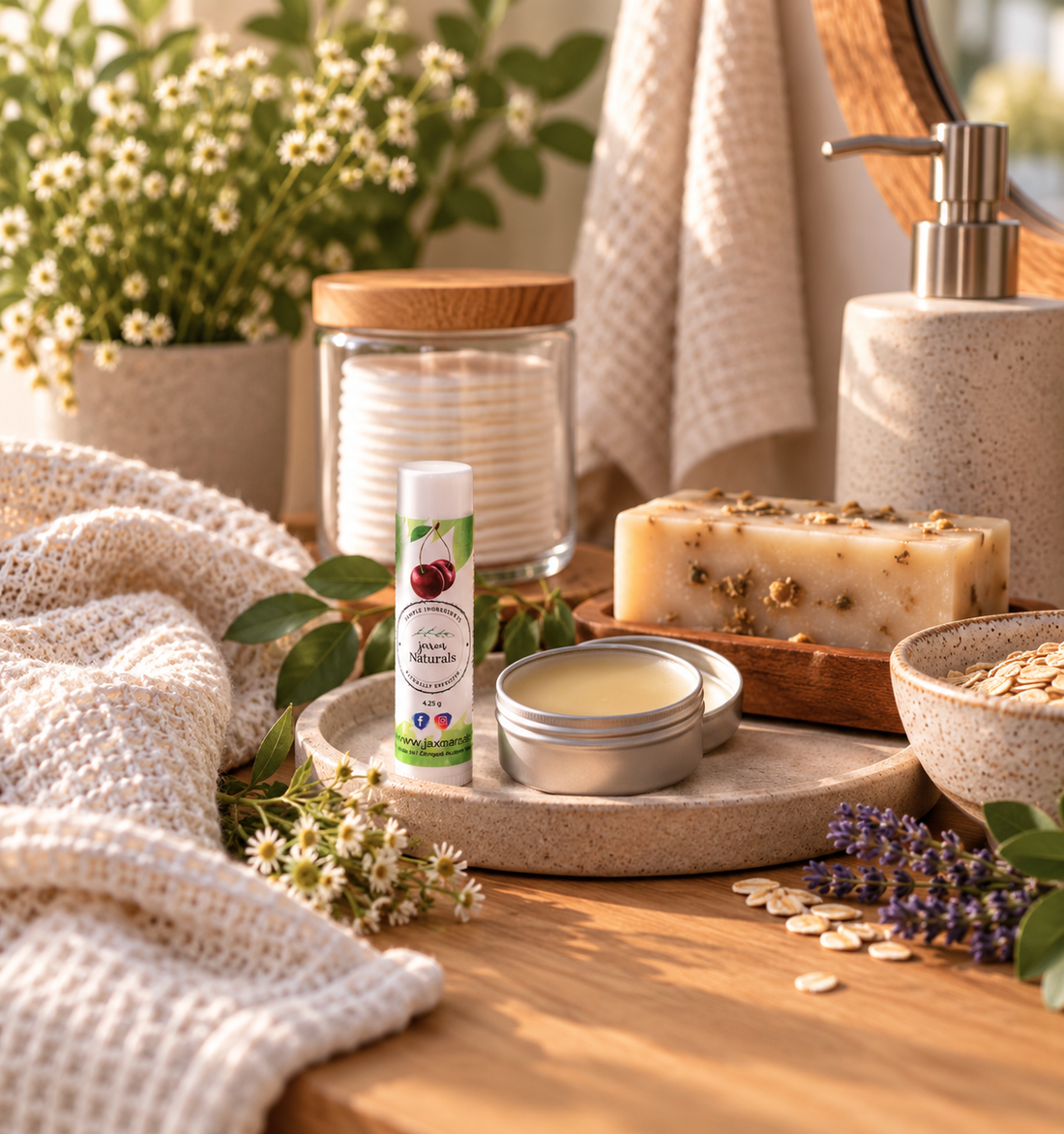Natural skincare products and ingredients arranged in a warm handcrafted bathroom setting