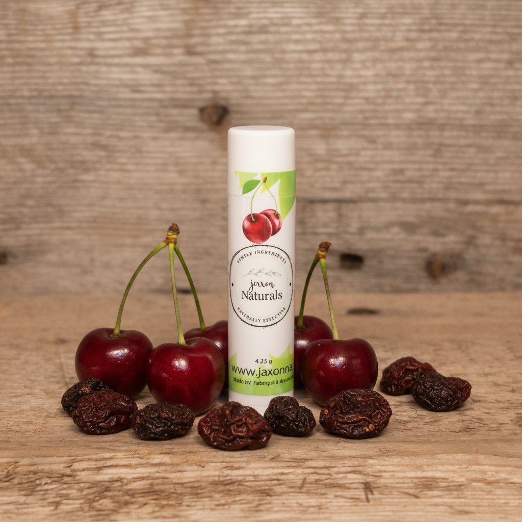 Jaxon Naturals Cherry Lip Balm in a recyclable tube, handcrafted with natural ingredients and displayed on rustic barn wood with fresh and dried cherries.