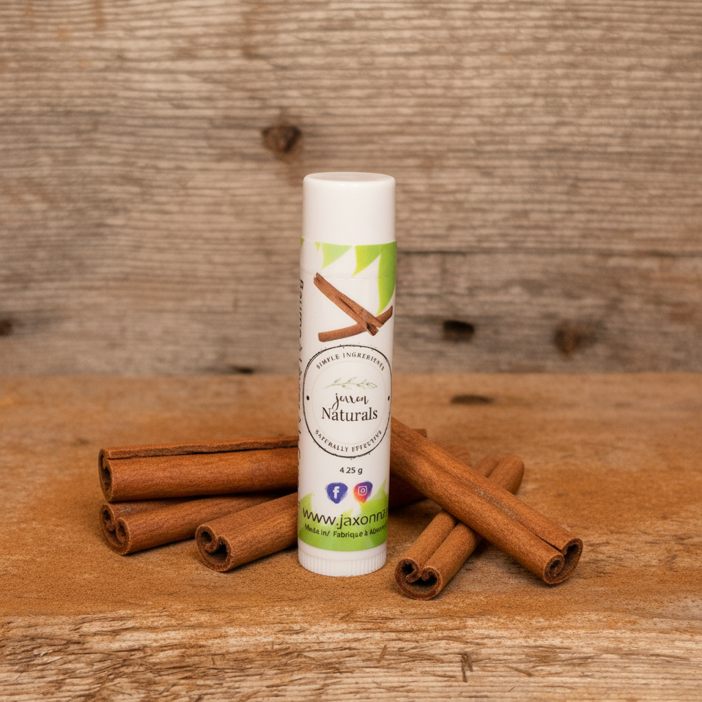 Jaxon Naturals Cinnamon Lip Balm in a recyclable tube, handcrafted with natural ingredients and displayed on rustic barn wood with cinnamon sticks and ground cinnamon.
