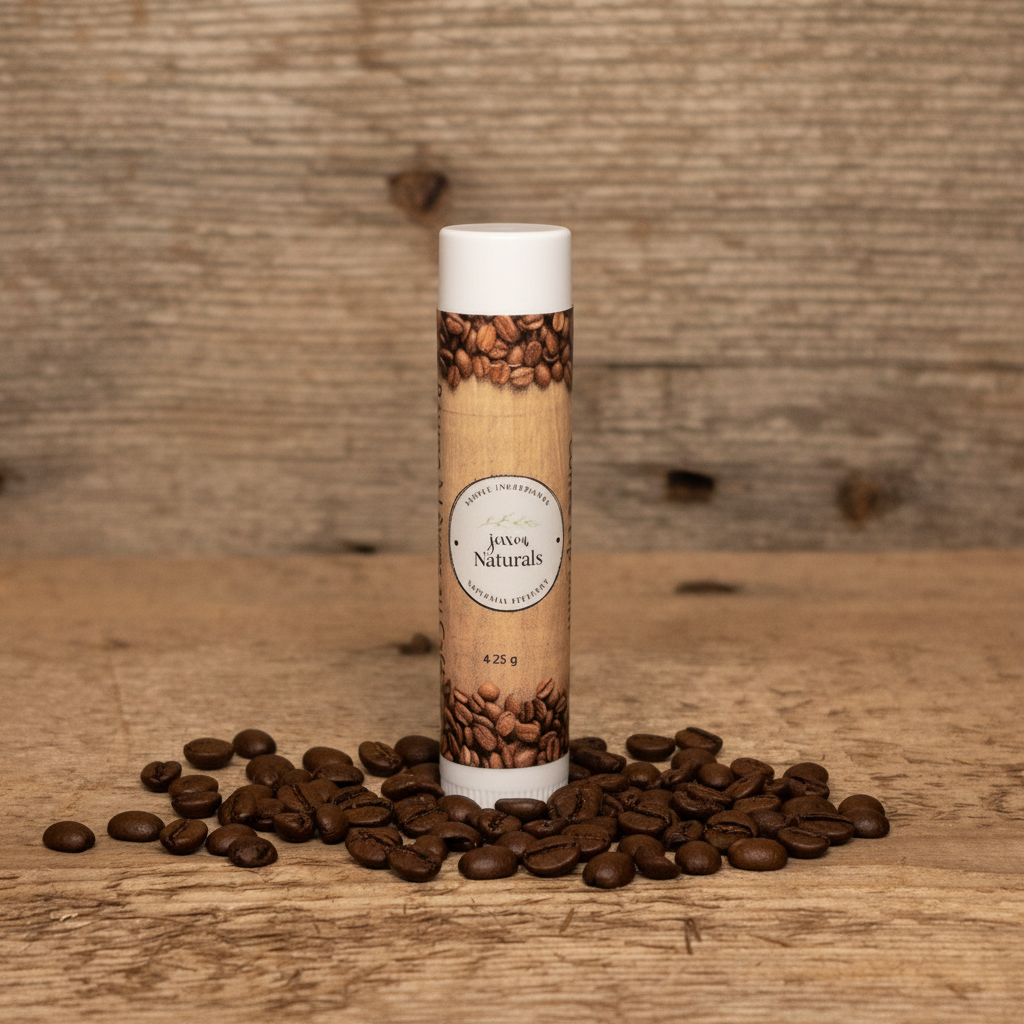 Jaxon Naturals Coffee Lip Balm in a recyclable tube, handcrafted with natural ingredients and displayed on rustic barn wood with roasted coffee beans.