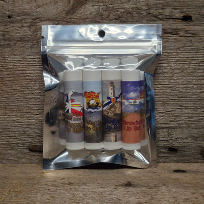 Jaxon Naturals Atlantic Canada lip balm collection featuring four handcrafted Canadian-inspired lip balms displayed on rustic barn board.