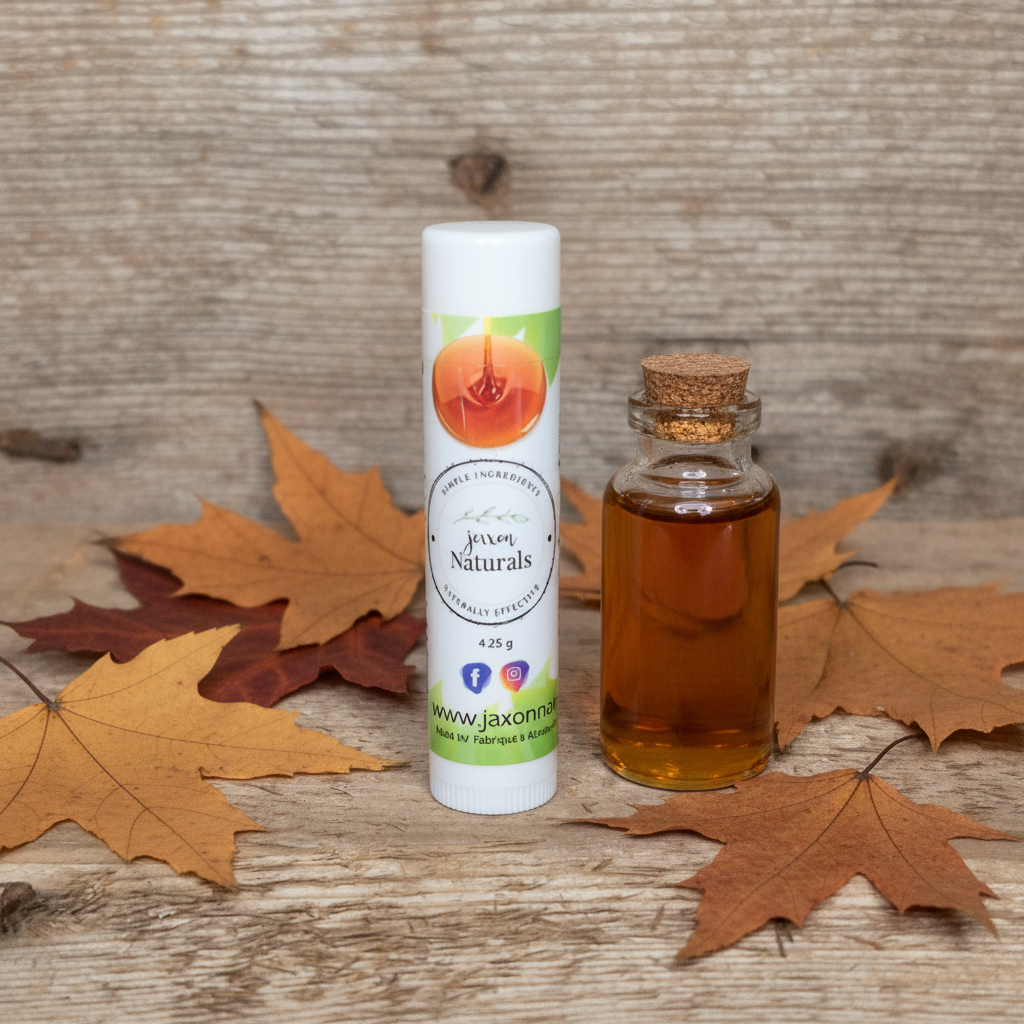 Jaxon Naturals Maple Lip Balm in a recyclable tube, handcrafted with natural ingredients and displayed on rustic barn wood with a maple syrup bottle and maple leaves.