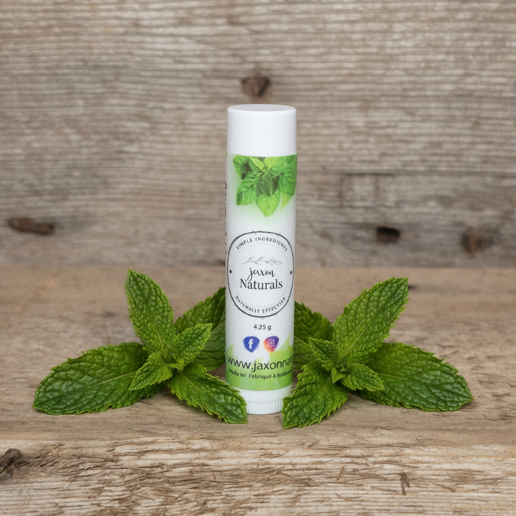 Jaxon Naturals Mint Lip Balm in a recyclable tube, handcrafted with natural ingredients and displayed on rustic barn wood with mint leaves.
