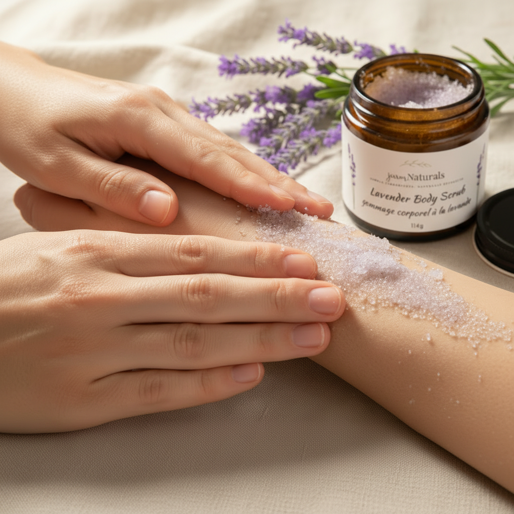 Lavender Body Scrub Application Action Shot 1:1