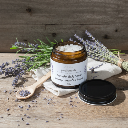 Lavender Body Scrub Open Jar Lifestyle Photo